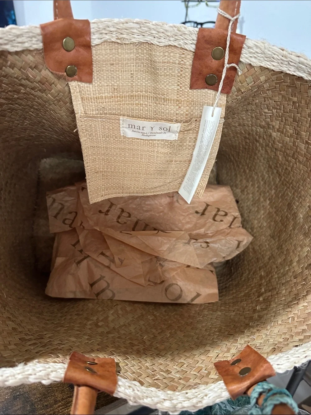Mar Y Sol Woven Straw Tote Bag with Leather Handles & Pom Pom Charm